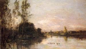Charles-Francois Daubigny - Ducklings in a River Landscape