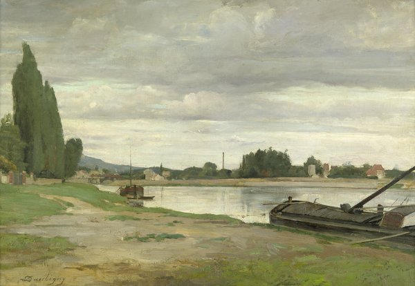 River landscape with barge moored